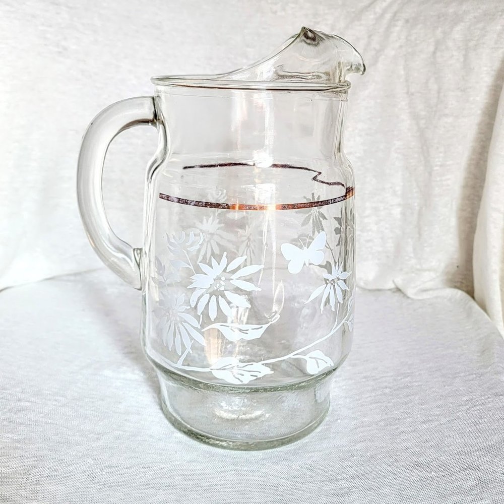 VTG Glass Pitcher White Flowers Gold Band, Tall Heavy Pitcher